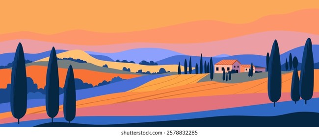 Abstract landscape of Italian Tuscany with green hills and fields, trees and houses. European summer village.  Beautiful vector rural landscape.