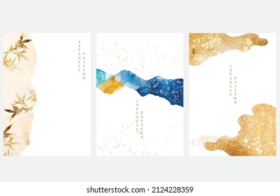 Abstract landscape with Japanese geometric pattern vector. Nature art background with Mountain forest invitation card template in vintage style. Blue and yellow watercolor texture banner.