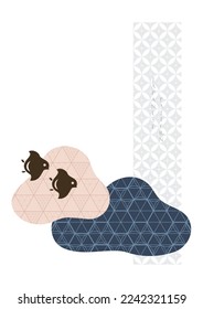 Abstract landscape with Japanese geometric pattern vector banner. Nature art background with birds and bonsai tree invitation card template in vintage style. Asian traditional icon and symbol design.