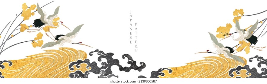 Abstract landscape with Japanese hand drawn wave pattern vector. Nature art background with crane birds invitation card template in vintage style. Asian traditional banner design.