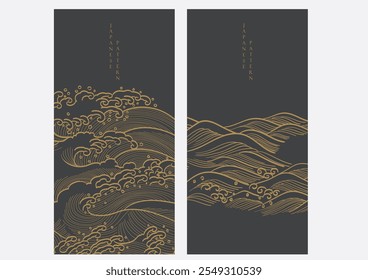 Abstract landscape with Japanese hand drawn wave pattern vector. Nature art background with Chinese ocean sea and cloud template in oriental style. Hand drawn line.