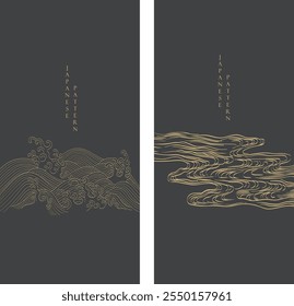 Abstract landscape with Japanese hand drawn wave pattern vector. Nature art background with Chinese ocean sea and cloud template in oriental style. Hand drawn line.