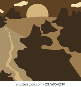 Abstract landscape in Japanese style. Trendy japan gold sunrise on sea. Drawing geomentrical hand drawn landscape in asian style. Design picture for interior. Vector illustration.