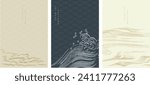 Abstract landscape with Japanese wave pattern vector. Nature art background with Chinese wave and cloud template in oriental style. Hand drawn line elements