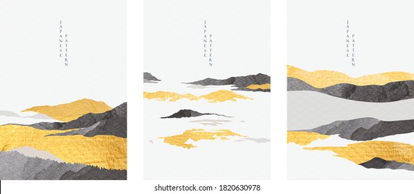 Abstract landscape with Japanese wave pattern vector. Nature art background with Mountain forest template in oriental style.