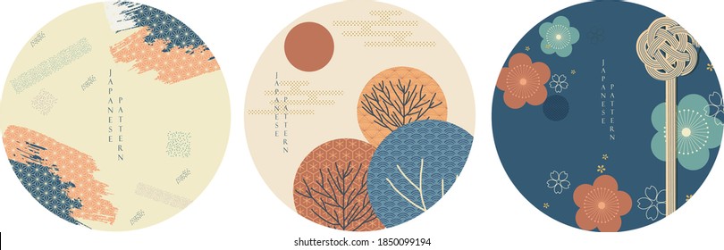 Abstract landscape with Japanese wave pattern vector. Nature art background with Mountain forest template in oriental style. Gold and black texture.