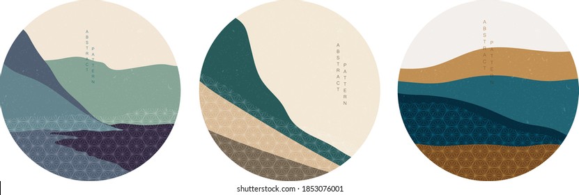 Abstract landscape with Japanese wave pattern vector. Nature art background with Mountain forest icon and template design.