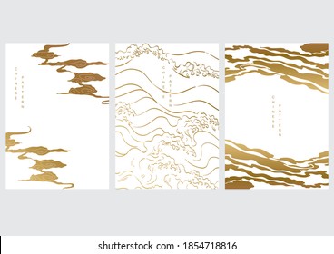 Abstract landscape with Japanese wave pattern vector. Nature art background with Chinese wave and cloud template in oriental style.