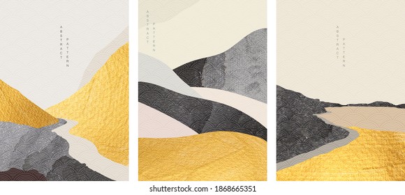 Abstract landscape with Japanese wave pattern vector. Nature art background with Mountain forest template in oriental style. Gold foil and black texture.