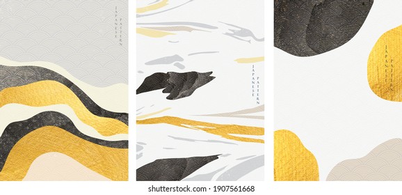 Abstract landscape with Japanese wave pattern vector. Nature art background with Mountain forest template in vintage style.