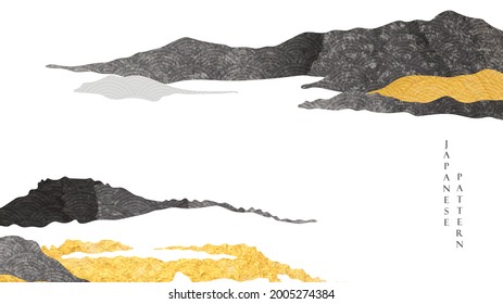 Abstract landscape with Japanese wave pattern vector. Nature art background with Mountain forest template in vintage style. Gold and black texture.