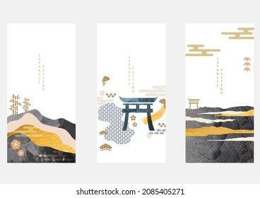 Abstract landscape with Japanese wave pattern vector. Nature art background with Mountain forest invitation card template in vintage style. Asian traditional icon and symbol design.