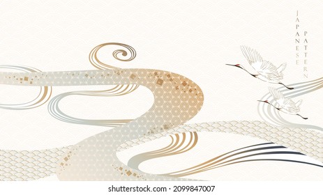 Abstract Landscape With Japanese Wave Pattern Vector. Nature Art Background With Crane Birds Invitation Card Template In Vintage Style. Asian Traditional Icon And Hand Drawn Line  In Oriental Style.