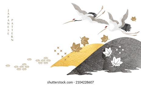 Abstract landscape with Japanese wave pattern vector. Nature art background with Mountain forest invitation card template in vintage style. Asian traditional banner and crane birds in oriental style.