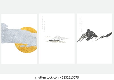 Abstract landscape with Japanese wave pattern vector. Nature art background with Mountain forest invitation card template in vintage style. Moon and sun with brush stroke element.