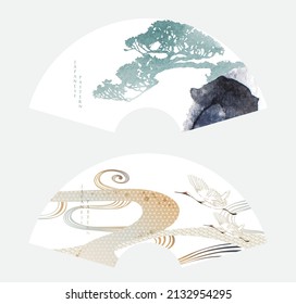 Abstract landscape with Japanese wave pattern vector. Nature art background with crane birds fan template in vintage style. Asian traditional icon and hand drawn line. Watercolor texture.