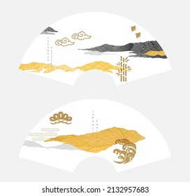 Abstract landscape with Japanese wave pattern vector. Nature art background with Mountain forest fan card template in vintage style. Asian traditional icon and symbol design. Gold and black texture.