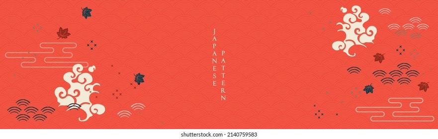 Abstract landscape with Japanese wave pattern vector banner. Natural art background with cloud and autumn leaves invitation card template in vintage style. Asian traditional icon and symbol design.