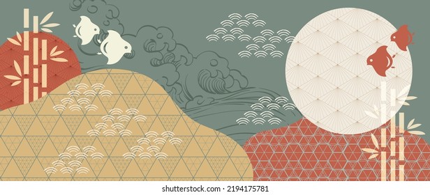 Abstrakte Landschaft mit japanischem Wellenmuster Vektorbanner. Naturkunsthintergrund mit Bambus- und Bonsai-Einladungskarte im Vintage-Stil. Traditionelle asiatische Ikone und geometrisches Design