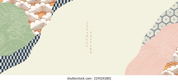 Abstract landscape with Japanese wave pattern vector banner. Nature art background with bamboo and bonsai tree invitation card template in vintage style. Asian traditional icon and symbol design.