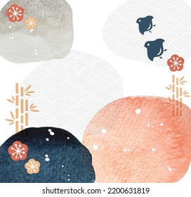 Abstract landscape with Japanese wave pattern vector banner. Nature art background with bamboo and bonsai tree invitation card template in vintage style. Asian traditional icon and watercolor texture.