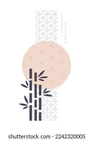 Abstract landscape with Japanese wave pattern vector banner. Nature art background with bamboo and bonsai tree invitation card template in vintage style. Asian traditional geometric pattern.