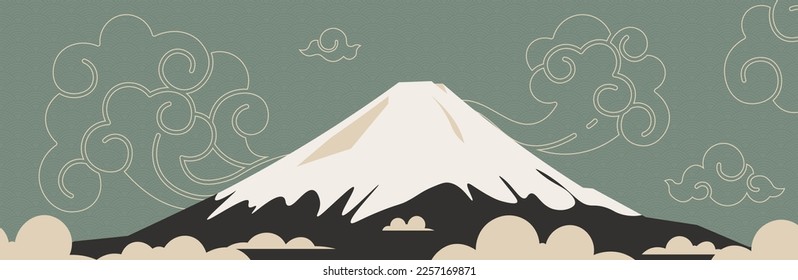 Abstract landscape with Japanese wave pattern vector. Natural artistic background with Fuji mountain forest template in oriental style.