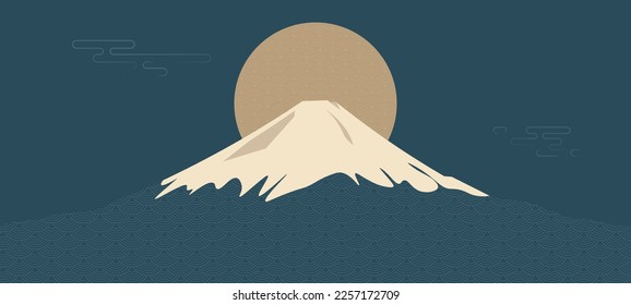 Abstract landscape with Japanese wave pattern vector. Natural artistic background with Fuji mountain forest template in oriental style.