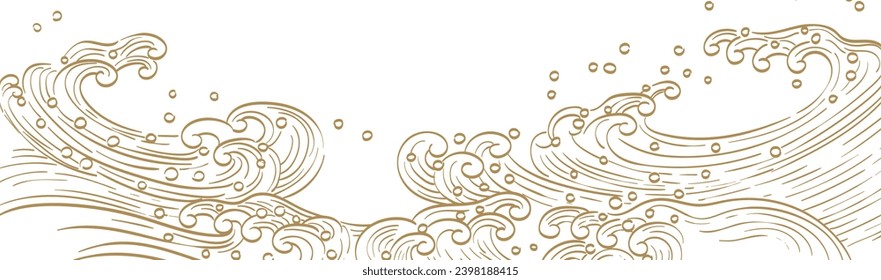 Abstract landscape with Japanese wave pattern vector. Nature art background with Chinese wave and cloud template in oriental style