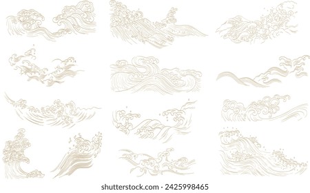 Abstract landscape with Japanese wave pattern vector. Nature art background with Chinese ocean sea element in vintage style.	