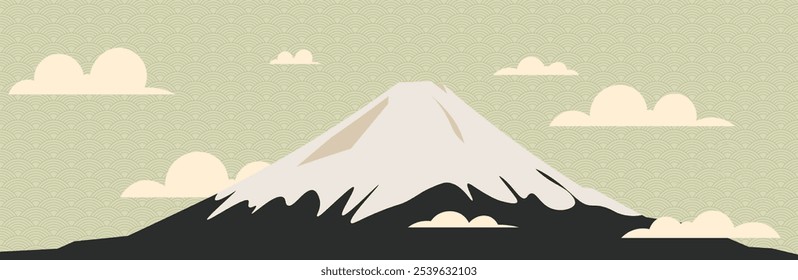 Abstract landscape with Japanese wave pattern vector. Natural artistic background with Fuji mountain forest template in oriental style.