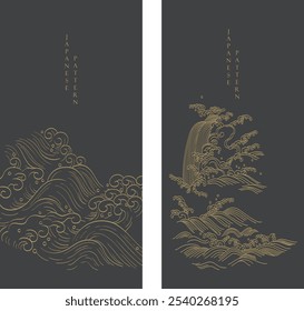 Abstract landscape with Japanese wave pattern vector. Nature art background with Chinese wave template in oriental style.