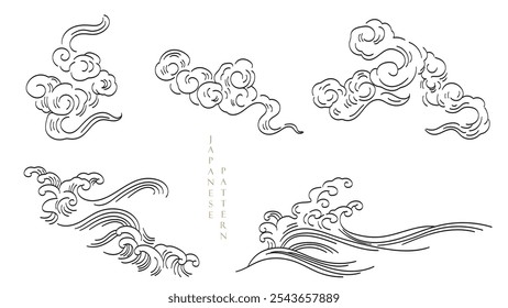 Paisagem abstrata com vetor de padrão de onda japonês. Fundo da arte da natureza com onda chinesa e modelo de nuvem em estilo oriental.