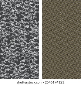 Abstract landscape with Japanese wave pattern vector. Nature art background with Chinese wave and geometric template in oriental style.