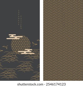 Abstract landscape with Japanese wave pattern vector. Nature art background with Chinese wave, circle element and cloud template in oriental style.