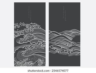 Abstract landscape with Japanese wave pattern vector. Nature art background with Chinese wave and black background in oriental style.