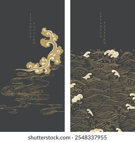 Abstract landscape with Japanese wave pattern vector. Nature art background with Chinese wave and cloud template with hand drawn wave in oriental style.