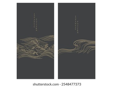 Abstract landscape with Japanese wave pattern vector. Nature art background with Chinese wave and cloud template in oriental style.