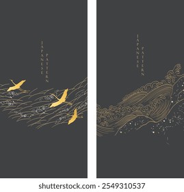 Abstract landscape with Japanese wave pattern vector. Nature art background with Chinese ocean sea and cloud template in oriental style. Hand drawn line.