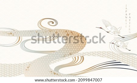 Abstract landscape with Japanese wave pattern vector. Nature art background with crane birds invitation card template in vintage style. Asian traditional icon and hand drawn line  in oriental style.