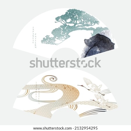 Abstract landscape with Japanese wave pattern vector. Nature art background with crane birds fan template in vintage style. Asian traditional icon and hand drawn line. Watercolor texture.