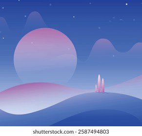 An abstract landscape with a large sun or moon, smooth hills, and a few slender plants under a starry sky.