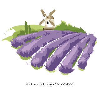 Abstract landscape -- lavender field and windmill / Vector illustration, wheat fields and meadows