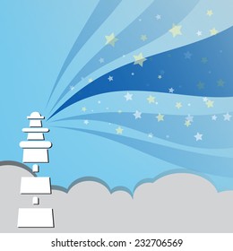 Abstract landscape with lighthouse, cloud , sky and star. Vector EPS 10.