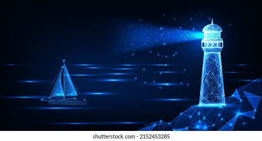 Abstract landscape with lighthouse and sailboat at the sea at night in futuristic glowing style
