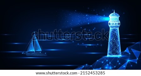 Abstract landscape with lighthouse and sailboat at the sea at night in futuristic glowing style