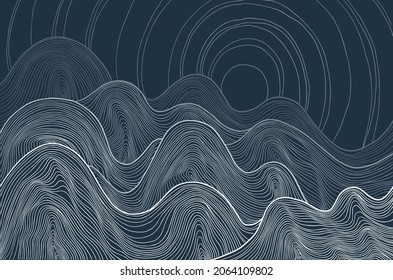 abstract landscape with lined mountains in dark blue and light blue colours