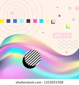 Abstract landscape, liquid shapes. Fluid gradient. Geometrical shapes set. Retro, vintage 80s, 90s style.  Technology background. Blue, black, pink, yellow, beige, blue, purple, white colors. Banner