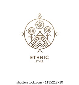 Abstract landscape logo. Vector sacred geometric symbol. Outline icon of decorative nature, mountain, plants - business emblem for design cards, alchemy, zen, ecology, religion concept, yoga Center.