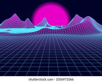 Abstract landscape mesh with sun on horizon. Futuristic vector background.
